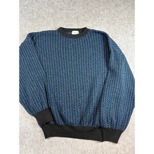 Vintage Linea Uomo Italy Herringbone Sweater Men XL Blue Crewneck Preppy Grandpa